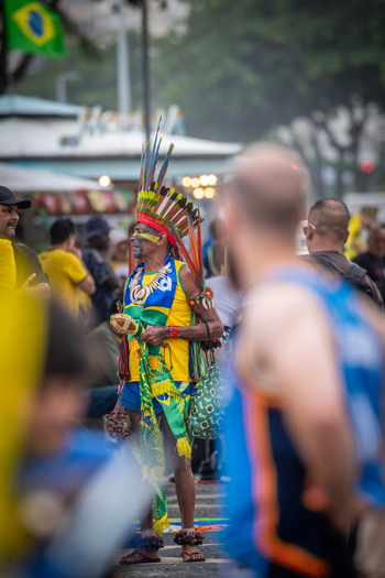 Rio de Janeiro Brazil 13 June 2026 View of a man in traditional indigenous headdress and face paint wearing a Brazilian football jersey during the World Cup 2026 festivities.