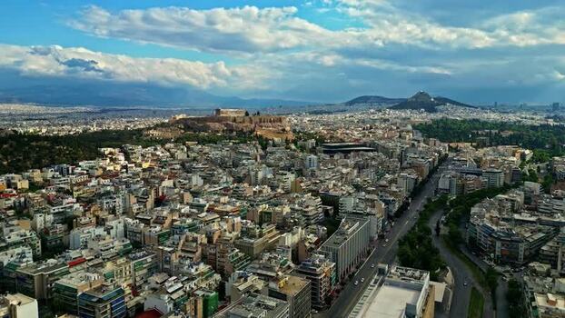 Aerial view of the Acropolis and Athens cityscape Greece.