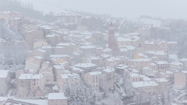 Aerial view of Rivisondoli in winter Italy.