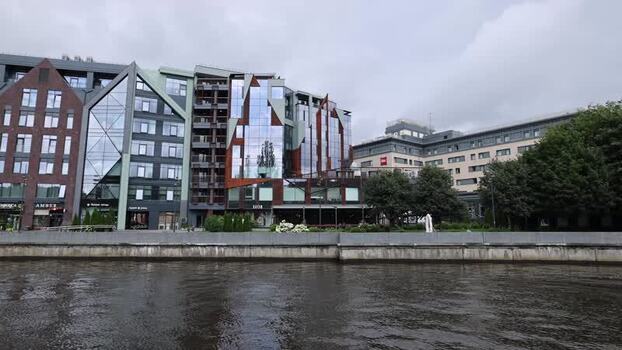 View of modern architecture along the river in Kaliningrad Russia.