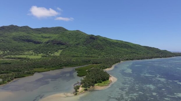 Aerial view of Le Morne mountain and coastline Mauritius.