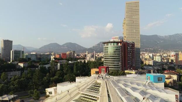 Aerial view of the Pyramid of Tirana and city skyline Albania.