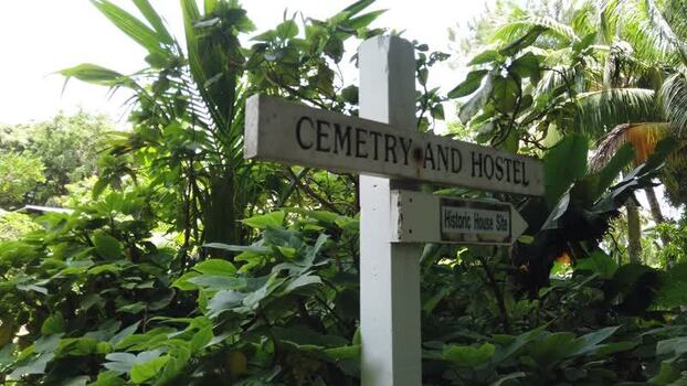Aerial view of rustic wooden signpost pointing towards Cemetry and Hostel and Historic House Site amidst a lush vibrant tropical forest City Name State Name Country Name .