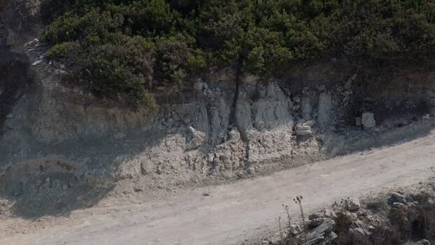 Aerial view of a dirt road and rocky cliffside in Northern Cyprus.