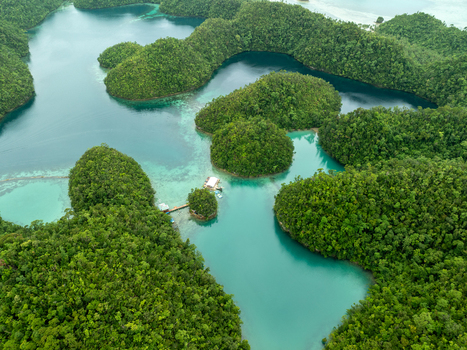 Aerial view of Sugba Lagoon featuring turquoise waters surrounded by lush green karst islands and a small wooden pier in Del Carmen Caraga Philippines. Aerial view of Sugba Lagoon featuring turquoise waters surrounded by lush green karst islands and a small wooden pier in Del Carmen Caraga Philippines.