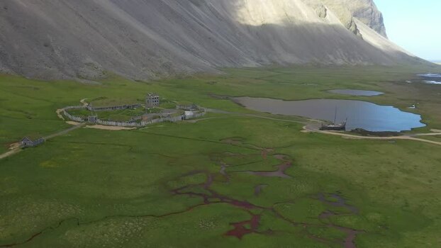 Aerial view of Stokksnes Viking village set in Iceland.
