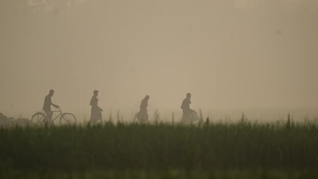 View of people walking through misty fields in Bogura Bangladesh. View of people walking through misty fields in Bogura Bangladesh.