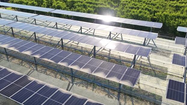 Aerial view of solar panels in Faenza Italy.