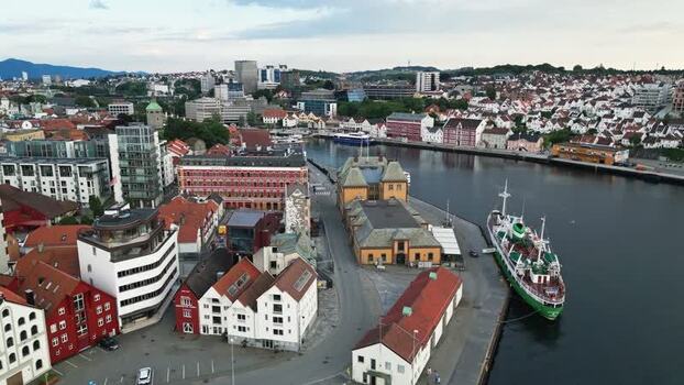 Aerial view of Stavanger harbor and historic buildings Norway.
