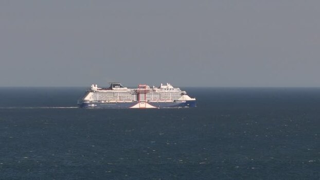 Aerial view of cruise ship sailing in Cascais Portugal.