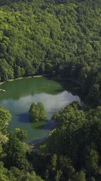 Aerial view of Lago Pontini surrounded by dense forest Italy.
