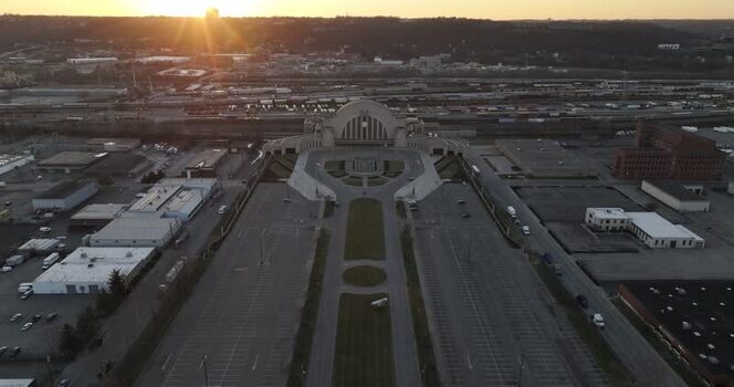 Aerial view of Cincinnati Union Terminal at sunset United States.