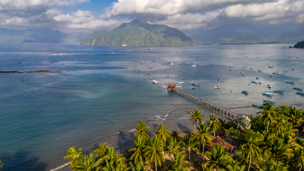 Aerial view of Prigi Beach with a wooden pier fishing boats palm trees and mountains in the distance in Kecamatan Watulimo Jawa Timur Indonesia. Aerial view of Prigi Beach with a wooden pier fishing boats palm trees and mountains in the distance in Kecamatan Watulimo Jawa Timur Indonesia.