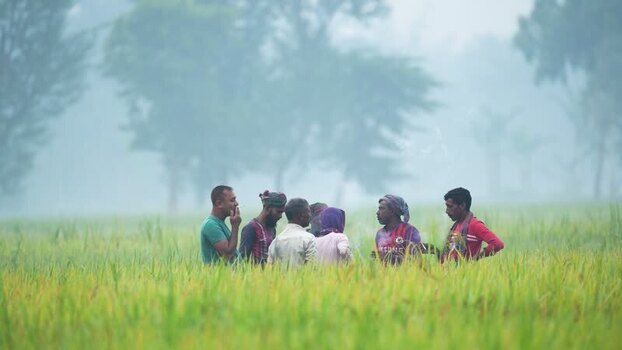 View of men standing in a green field in Bogura Bangladesh. View of men standing in a green field in Bogura Bangladesh.