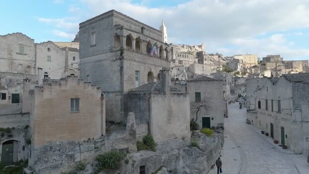 Aerial view of Sassi di Matera stone buildings Italy.