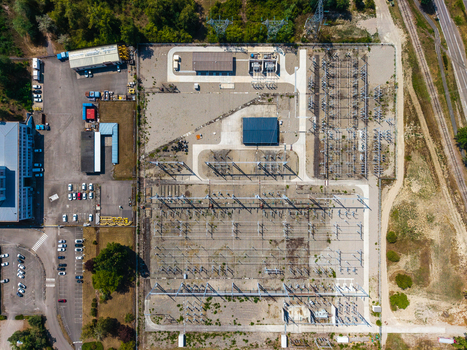 Aerial view of the Solarfeld electrical substation featuring power transformers switchgear and surrounding industrial infrastructure in Hombourg Grand Est France.
