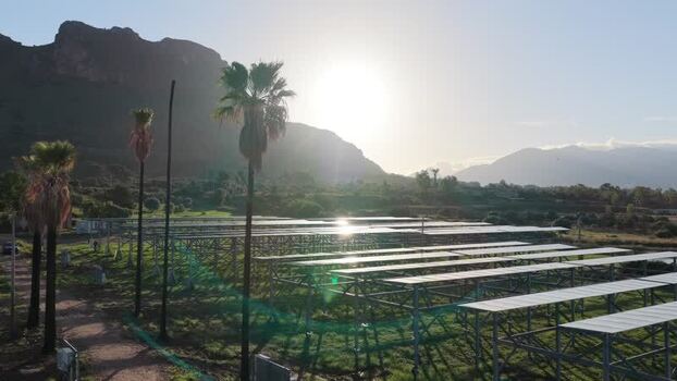 Aerial view of solar panel field in Terrasini Italy.