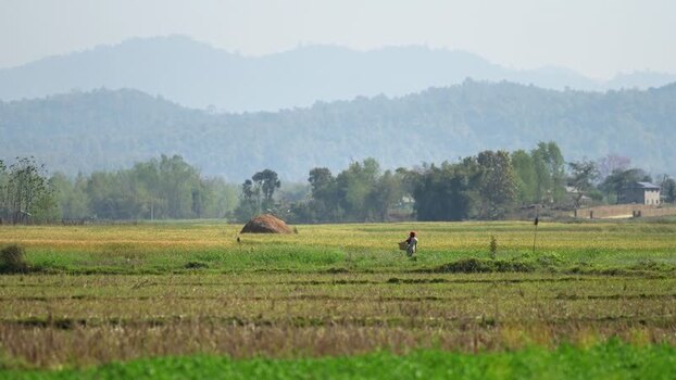 View of rural fields and distant hills in Dang Nepal.