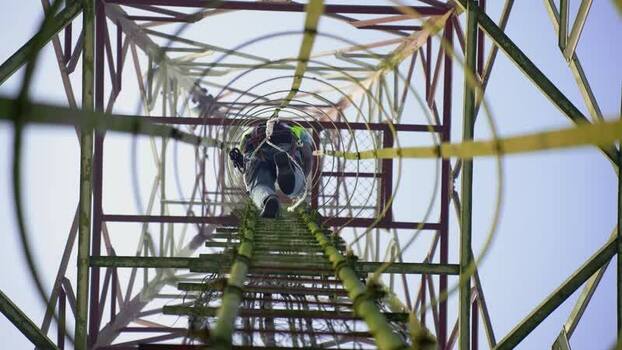 View of a worker climbing a telecommunications tower Bangladesh. View of a worker climbing a telecommunications tower Bangladesh.