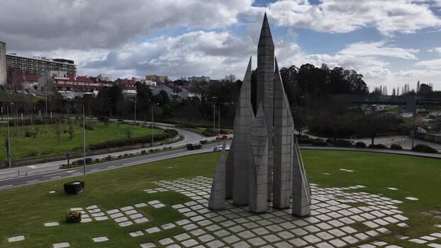 Aerial view of monument near road Portugal.