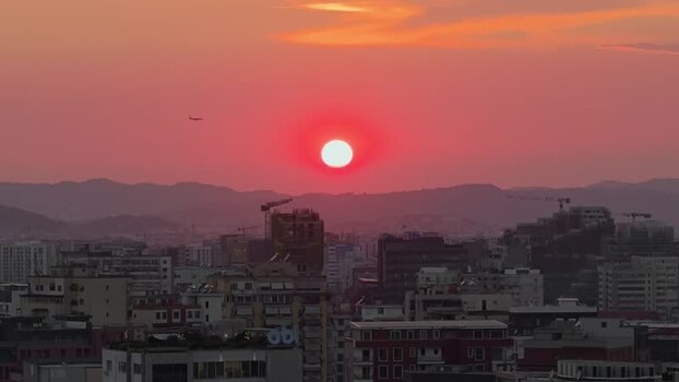 Aerial view of sunset over the city skyline Albania.