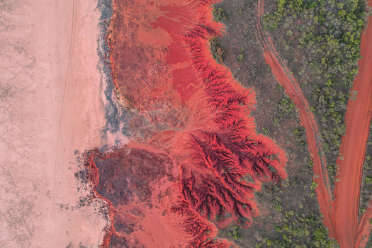 Aerial view of vibrant red earth with intricate erosion patterns contrasting with dry vegetation and dusty tracks in Broome Western Australia Australia.