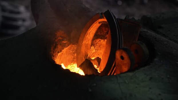 View of molten metal glowing in a furnace at a foundry Bangladesh.