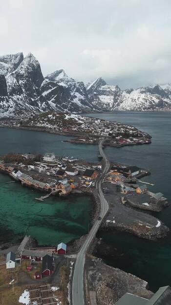 Aerial view of Hamn&oslash;y with bridge Norway.