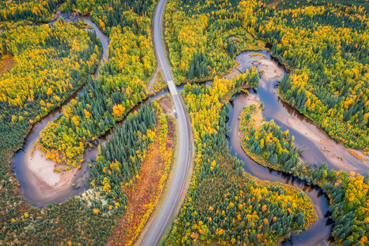 Aerial view of the Dalton Highway crossing a meandering river surrounded by vibrant autumn foliage and dense boreal forest in Coldfoot Alaska United States.
