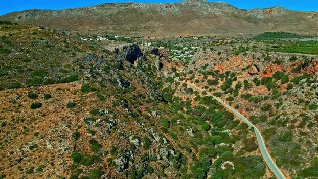 Aerial view of the rugged rocky gorge landscape in Crete Greece.