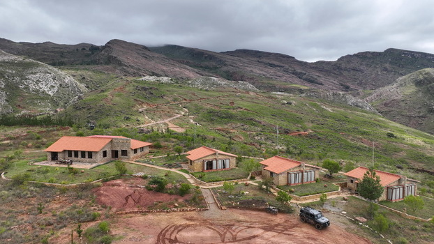 Torotoro Bolivia 29 September 2026 Aerial view of Torotoro Hostal Restaurante with stone buildings and terracotta roofs in the rugged mountains of Potosi Department.