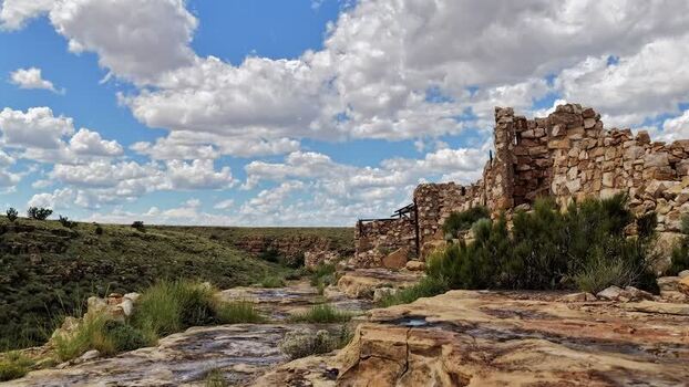 View of Two Guns ruins in the desert landscape of United States.