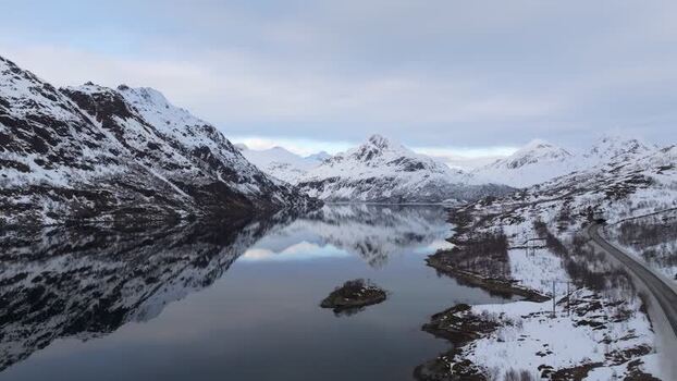 Aerial view of Lofoten mountains and fjord Norway.
