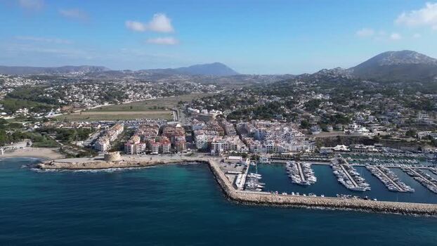 Aerial view of Moraira town and marina Spain.
