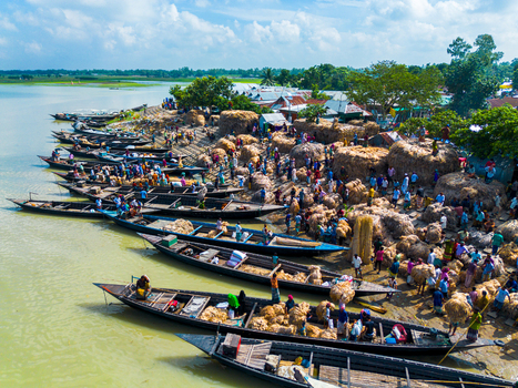 Islampur Bangladesh 05 September 2025 Aerial view of a bustling riverbank market with workers loading large bundles of jute onto traditional wooden boats under a bright sky. Islampur Bangladesh 05 September 2025 Aerial view of a bustling riverbank market with workers loading large bundles of jute onto traditional wooden boats under a bright sky.
