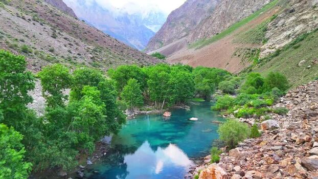 Aerial view of turquoise river and Qullai Vudor peak Tajikistan. Aerial view of turquoise river and Qullai Vudor peak Tajikistan.