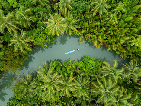 Aerial view of a small blue boat navigating the calm waters of the Maasin River surrounded by lush tropical palm trees and dense jungle foliage in Siargao Philippines. Aerial view of a small blue boat navigating the calm waters of the Maasin River surrounded by lush tropical palm trees and dense jungle foliage in Siargao Philippines.