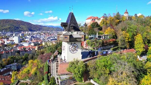 Aerial view of the Graz Clock Tower on Schlossberg hill Austria. Aerial view of the Graz Clock Tower on Schlossberg hill Austria.