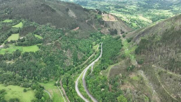 Aerial view of mountain valley with road Spain.