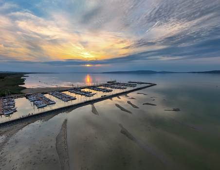 Aerial view of Balatonfenyves marina at low water on Lake Balaton at sunset Aerial view of Balatonfenyves marina at low water on Lake Balaton at sunset