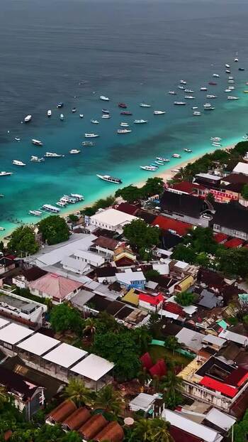 Aerial view of coastal town and boats in Indonesia.