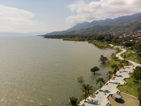 Aerial view of the Lake Chapala waterfront with a paved walkway palm trees and mountains in the background in Ajijic Jalisco Mexico. Aerial view of the Lake Chapala waterfront with a paved walkway palm trees and mountains in the background in Ajijic Jalisco Mexico.