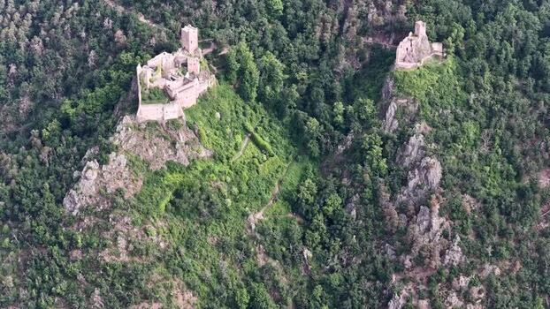 Aerial view of the medieval Three Castles of Ribeauville France. Aerial view of the medieval Three Castles of Ribeauville France.