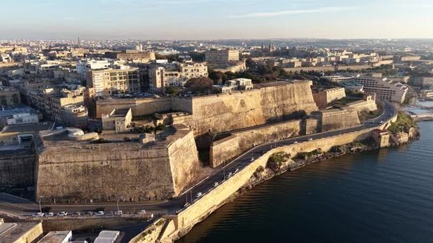 Aerial view of historic bastions and city skyline in Valletta Malta.