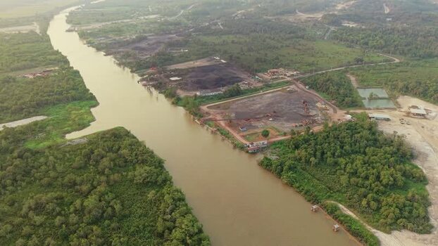 Aerial view of coal mining operations in Anggana Indonesia.