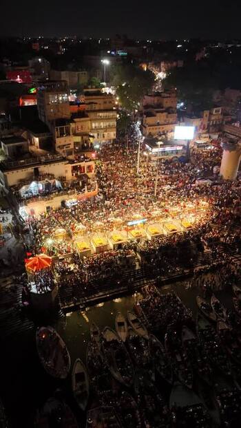 Aerial view of Dashashwamedh Ghat at night India. Aerial view of Dashashwamedh Ghat at night India.