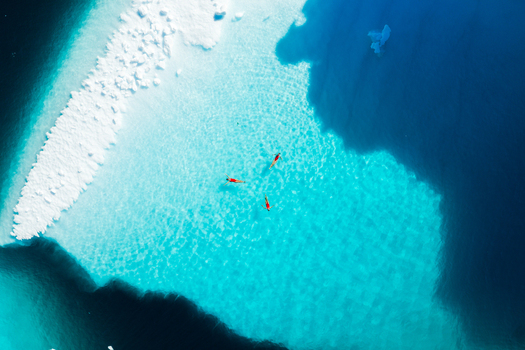 Aerial view of three people swimming in the clear turquoise water of a glacial bay surrounded by floating ice in Greenland. Aerial view of three people swimming in the clear turquoise water of a glacial bay surrounded by floating ice in Greenland.