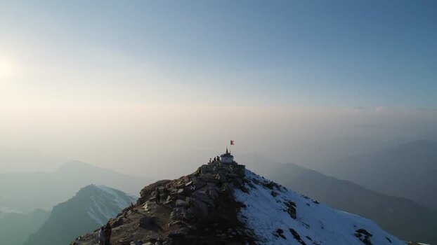 Aerial view of Shri Tungnath Temple on a mountain peak India.