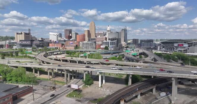 Aerial view of the Cincinnati skyline and highway interchanges United States. Aerial view of the Cincinnati skyline and highway interchanges United States.