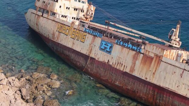 Aerial view of Edro III shipwreck in Peyia Cyprus.